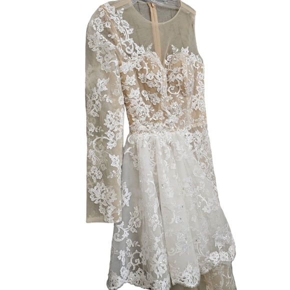 Nwt Ballbella Ivory/Nude Illusion Lace One Shoulder Longsleeve Bridal /Jumpsuit - Picture 6 of 16